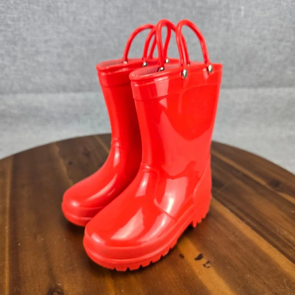 Red Toddler Rain Boots Size 8 Waterproof Pull On Handles Glossy Rubber Boots - Picture 3 of 13